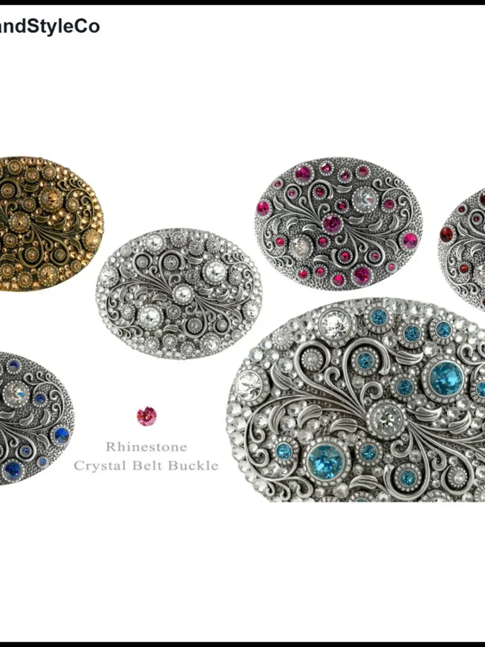 Crystal Rhinestone Floral Engraved Oval Belt Buckle Antique Brass Western